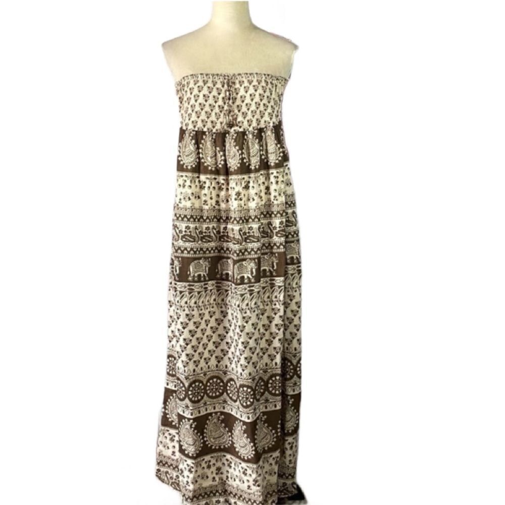 Anthropologie Joie Cream & Brown Bohemian Maxi Dress w/ Smocked Top (Size: XS)